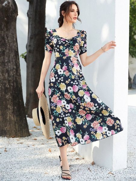 

floral print ruched front sweetheart neck puff sleeve dress f5jc#, Black;gray
