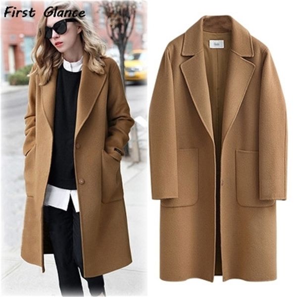 

autumn and winter fashion ol style women's plus-size pure color woolen coat in the long style loose and heavy warm coat 201223, Black