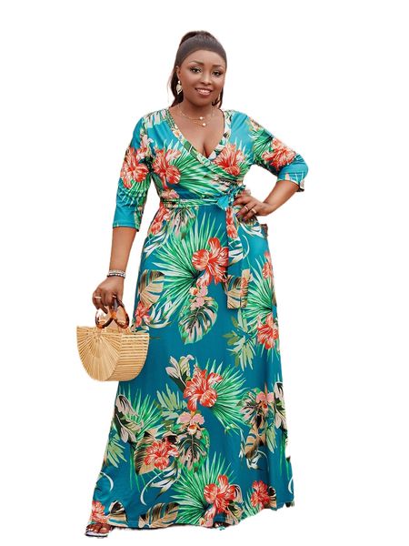 

plus surplice neck tropical print knot front dress p5q3#, Black