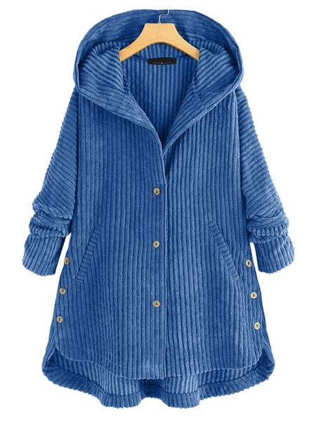 

plus corduroy single breasted high low hem hooded coat a9m6#, Black
