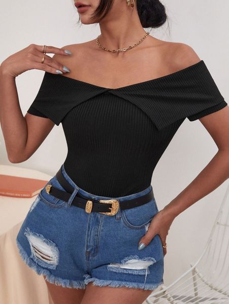 

off shoulder foldover rib knit s5qa#, White