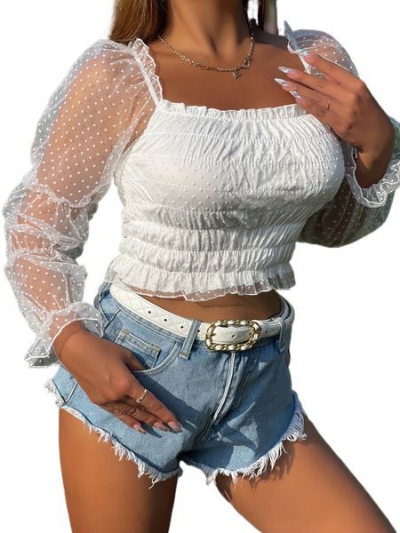 

contrast dobby mesh flounce sleeve square neck crop q0lx#, White