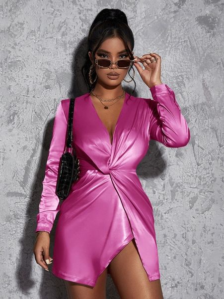 

twist front wrap hem satin dress n5oq#, Black;gray