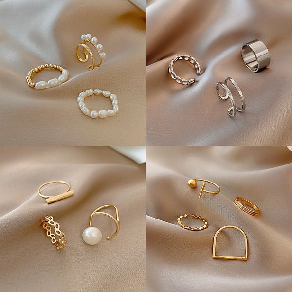 

fashion gold joint knuckle rings for women twist minimalist simple female pearl adjustable finger ring sets jewelry accessories 220716, Slivery;golden