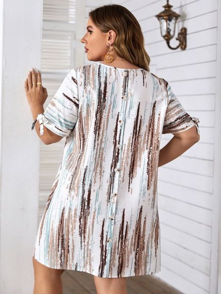 

plus allover print knot cuff tunic dress u6h4#, Black