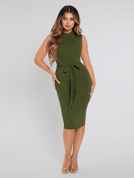 

mock neck belted bodycon dress u9a6#, Black;gray
