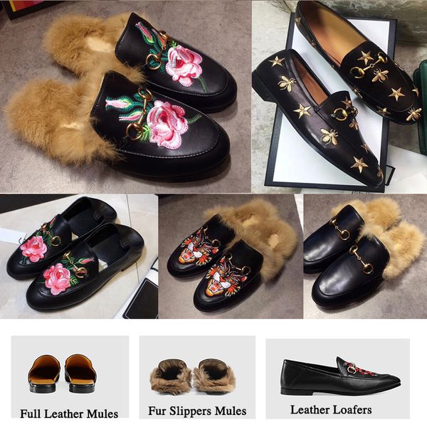 

women slippers mules flats fur slippers men house slippers flat loafers shoes casual shoes princetown outdoor furry slides sandal no14, Black