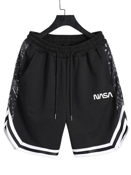 

romwe guys paisley letter striped trim shorts c6z8#, White;black