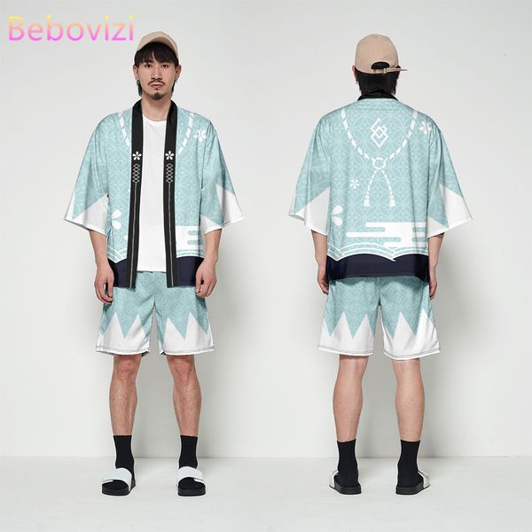 

fashion print japanese cardigan beach two-piece suit 4xl women men cosplay yukata harajuku traditional kimono shorts sets, Red