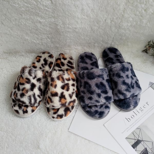 

winter leopard-print slippers indoor home furry ladies open-toe leisure slippers, Black