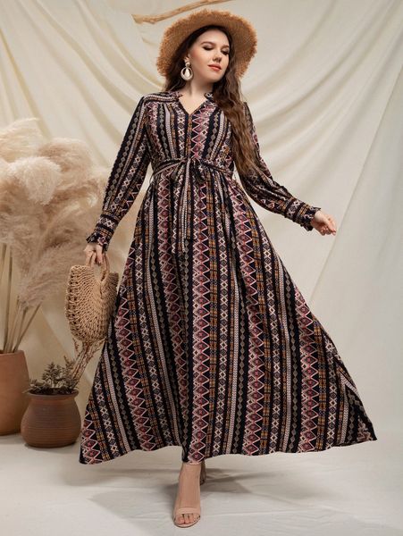 

plus argyle print notched neck puff sleeve belted dress b3x8#, Black