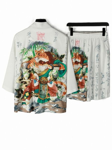 

men random tiger & slogan graphic kimono & shorts without tee v2c1#, Gray