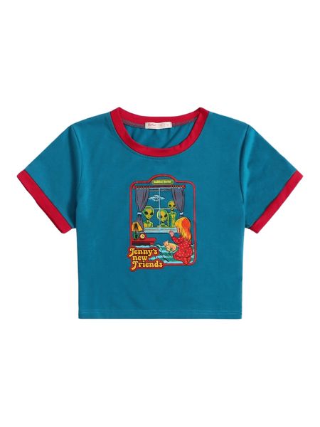 

romwe x stevenrhodes street life alien graphic ringer tee y0rz#, White