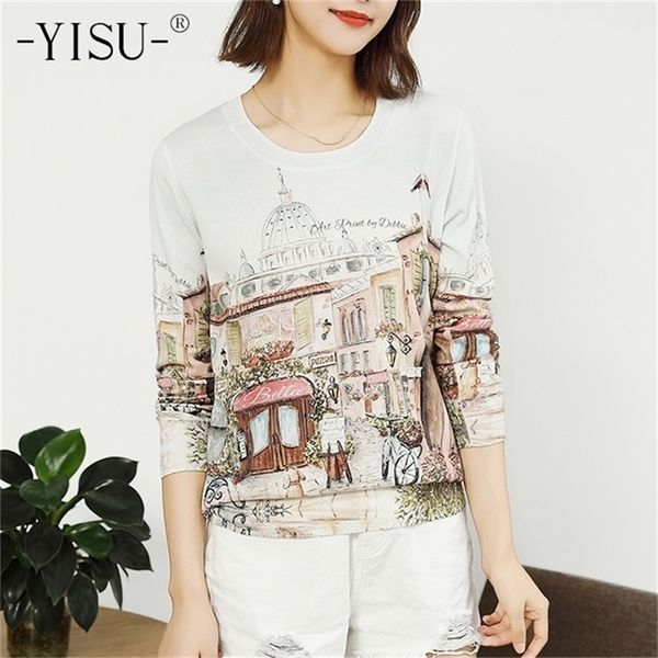 

yisu sweater women soft pullover sweaters female autumn winter fashion casual loose jumper o-neck long sleeve printed sweater 201221, White;black