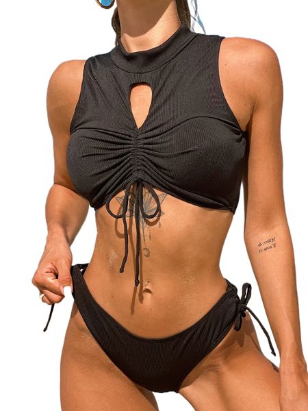 

bikinx drawstring ruched detail bikini swimsuit x1pa#, White;black