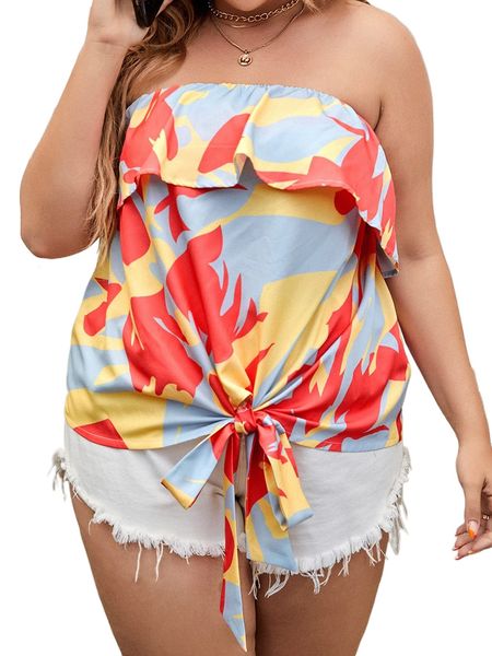 

plus graphic print ruffle trim knot hem tube 31gn#, Black