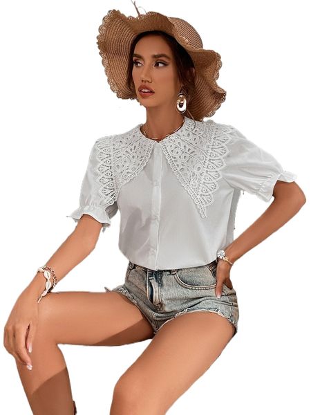 

contrast collar button front blouse s1md#, White