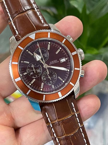 

black blue brown leather superocean mens watch ceramic quartz chronograph, Slivery;brown