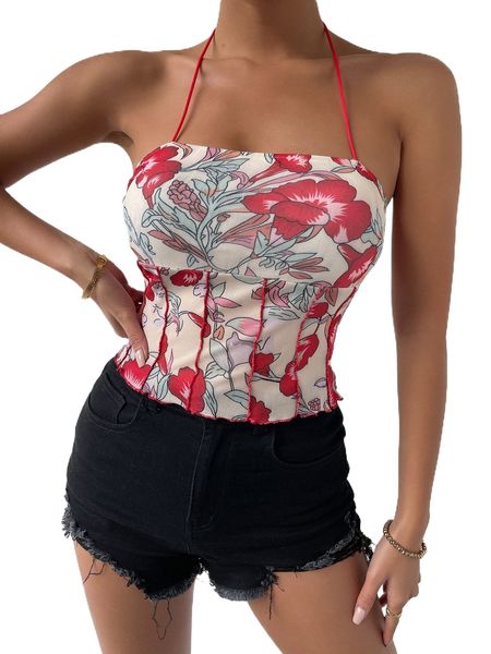 

floral print lettuce trim halter v2lt#, White