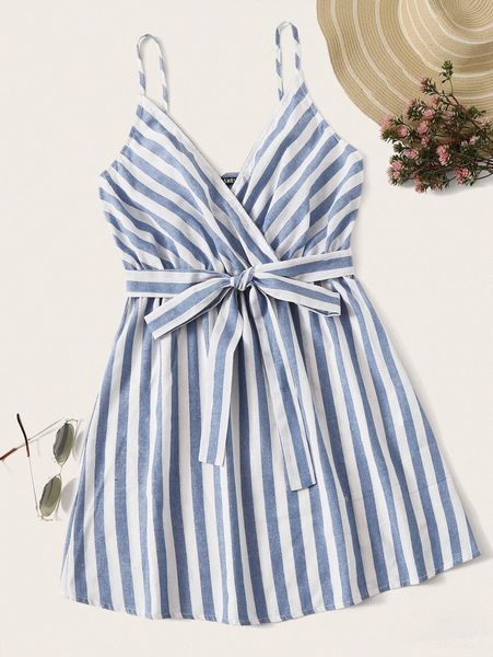 

striped belted cami mini dress m3sn#, Black;gray