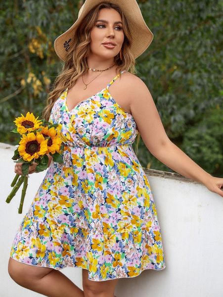 

plus allover floral print ruffle hem cami dress h8uz#, Black