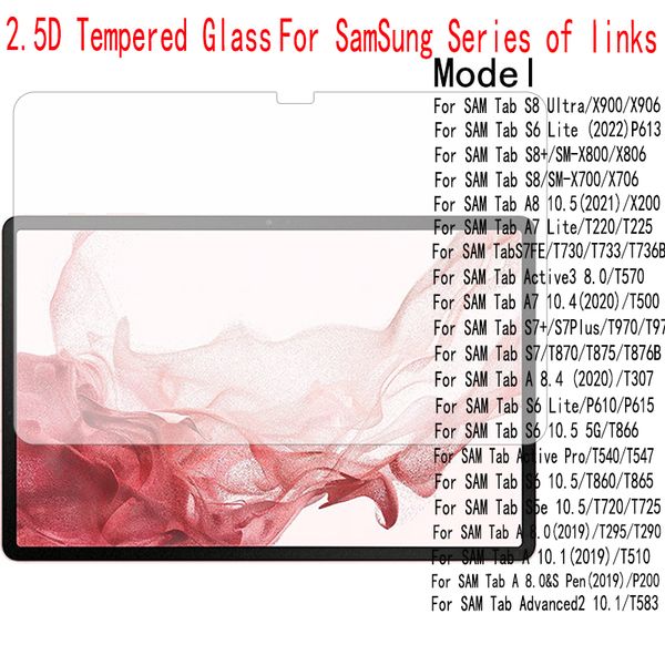 9h 0,33mm 2,5d Protetor de tela de filme de vidro temperado para o Samsung Galaxy Tab S8 S7 S6 S5 S4 S3 LITE A8 A7 Ultra Active2 Active3 8.0 Pro 10.1 Plus A 7 9,7 10.1 12