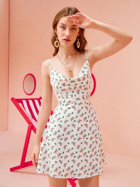 

x skylarhkim floral print draped collar cami dress j52t#, Black;gray