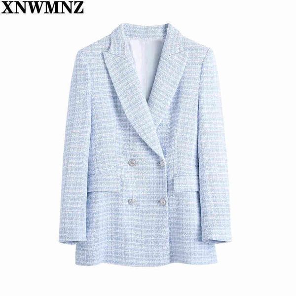 

xnwmnz women stylish blue textured check blazer female turndown collar long sleeve doublebreasted pockets coat outerwear 210513, White;black