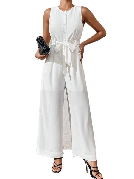 

button front sleeveless belted wide leg jumpsuit 61lc#, Black;white