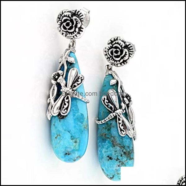 

dangle chandelier earrings jewelry vintage teardrop natural blue stone ethnic accessories antique metal dh9xb, Silver