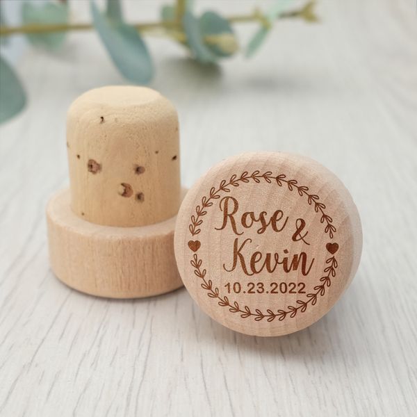 Personalisierte Flaschenkorkenaufsätze, Hochzeit, Party, Gastgeschenk, Dekor, individueller Weinstopfen aus Holz mit Laserdesign, Geschenk für Gäste 220707