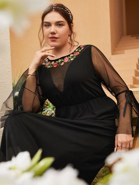 

plus bell sleeve embroidery floral sheer mesh panel dress o40l#, Black