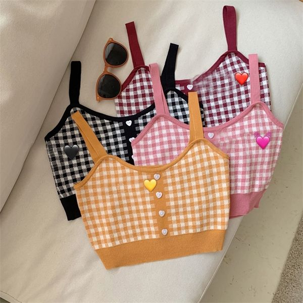

girl crop women plaid buttons spaghetti camis club slim knitting female tank ladies sleeveless solid simple 220607, White