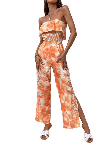 

tie dye ruffle trim split thigh tube jumpsuit o99a#, Black;white