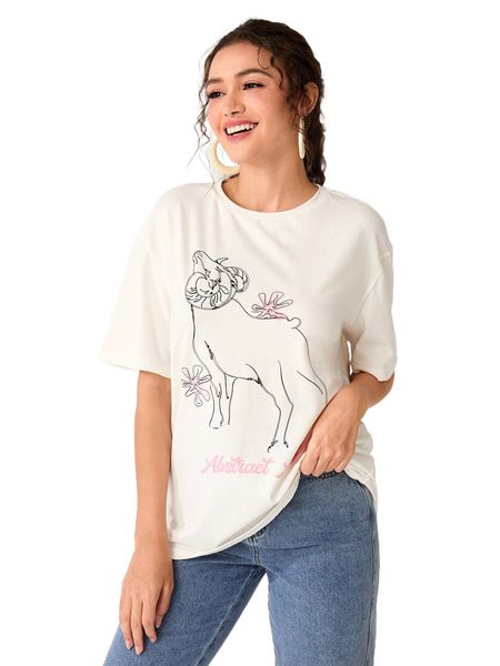 

animal & letter graphic drop shoulder tee a86p#, White