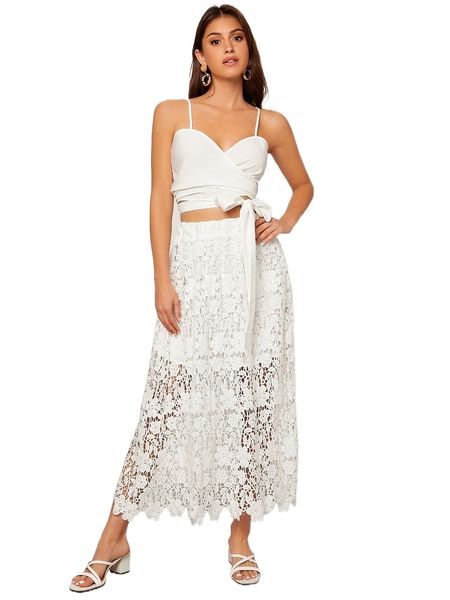 

high waist guipure lace skirt b1j6#, Black