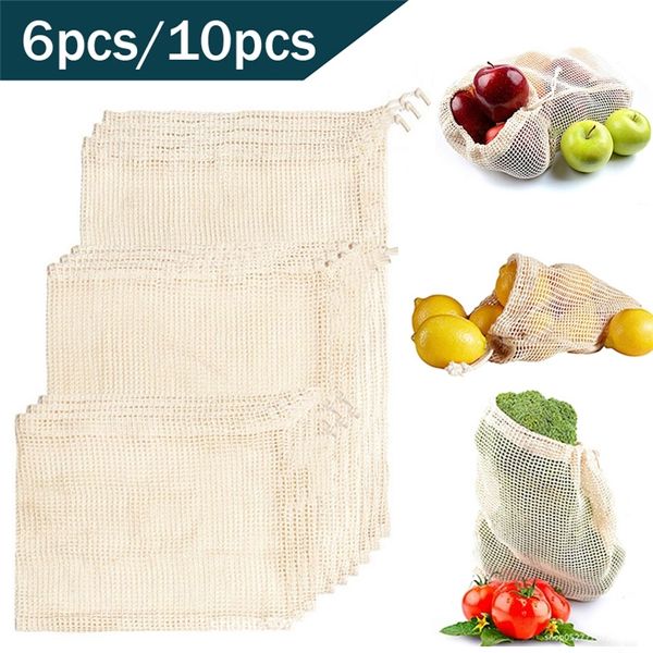 6/10pcs de malha de algodão reutilizável sacos de vegetais em casa cozinha saco de malha de armazenamento de vegetais com máquina de amarração lavável 201021