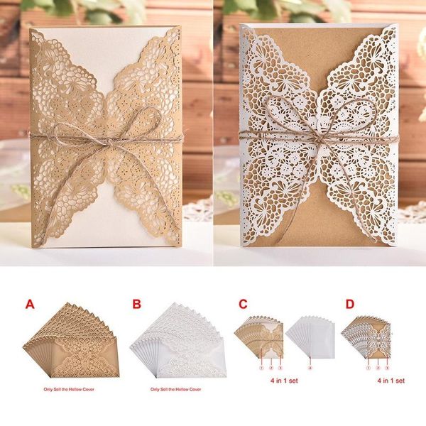 Geschenkpapier 5 Stück Hochzeitseinladungskarte Kraftpapier Reis Gold Laser Hohlgruß Spitze Umschlag Verpackungsbeutel