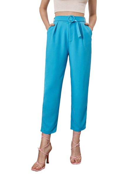 

high waist plicated detail buckled belted tapered pants o3v9#, Black;white
