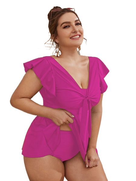 

plus knot front ruffle trim bikini swimsuit 31rg#, White;black