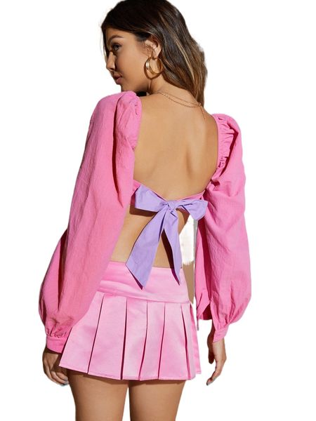 

x jade breyon sweetheart neck ruched bishop sleeve backless knot crop n93w#, White