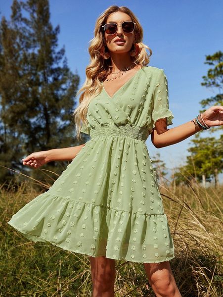 

surplice neck shirred waist ruffle hem swiss dot chiffon dress i9yg#, Black;gray