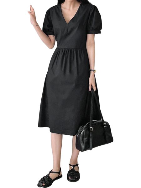

dazy solid puff sleeve tie back dress e20h#, Black;gray