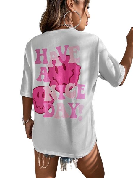 

slogan & expression print drop shoulder tee x14o#, White
