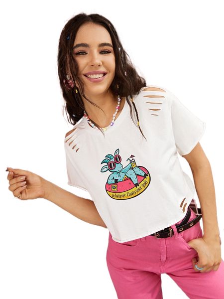 

x kelly latham art cartoon and slogan graphic ripped tee q4nc#, White