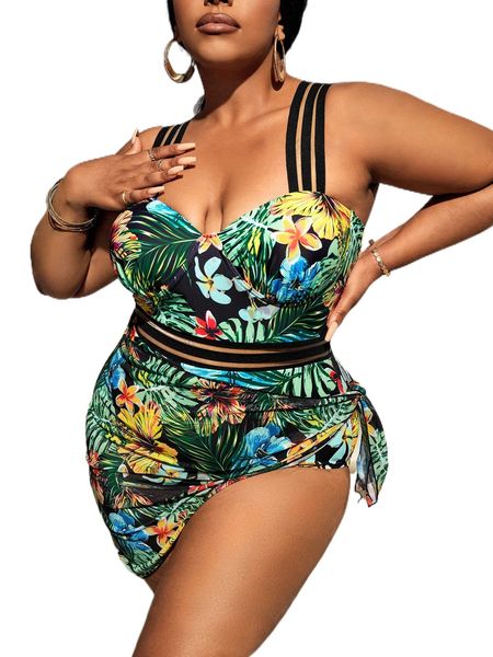

plus tropical print underwire push up one piece swimsuit & beach skirt c3uz#, White;black