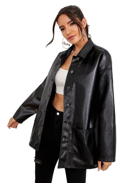 

button front drop shoulder pu leather coat 52ef#, Black