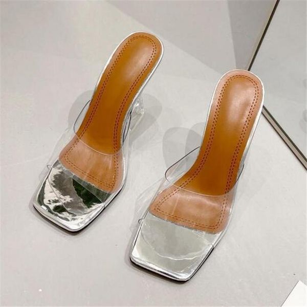 

women slippers sandals pumps fashion female transparent high heels square toe slides ladies summer shoes, Black