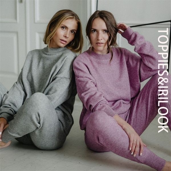 

ies 2020 winter knitted two piece set womens tracksuits high waist jogger pencil pants outfits for women lj201125, White