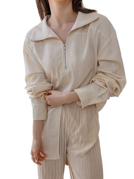 

dazy-less quarter zipper drop shoulder split hem blouse f51u#, White